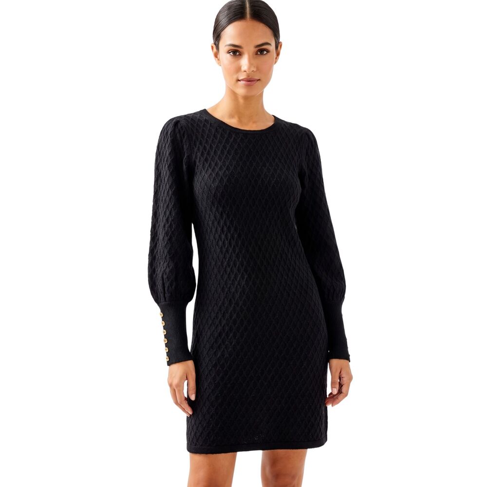 🖤 Lilly Pulitzer Black Jacquetta Knit Sweater Dress NWT Sz L Gold Button Cuff